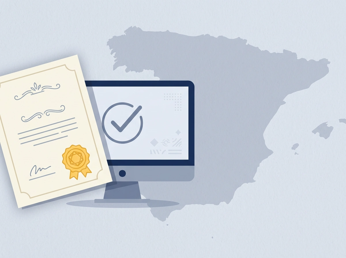 Documento de certificación con sello sobre escritorio editorial junto a una pantalla con marca de verificación, evocando licencia DGOJ