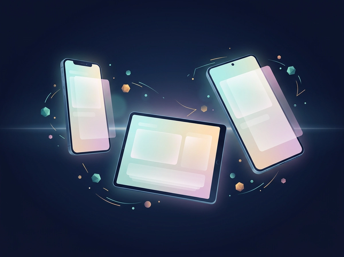 Composición de tres dispositivos móviles abstractos con pantallas en blanco, evocando juego desde el smartphone