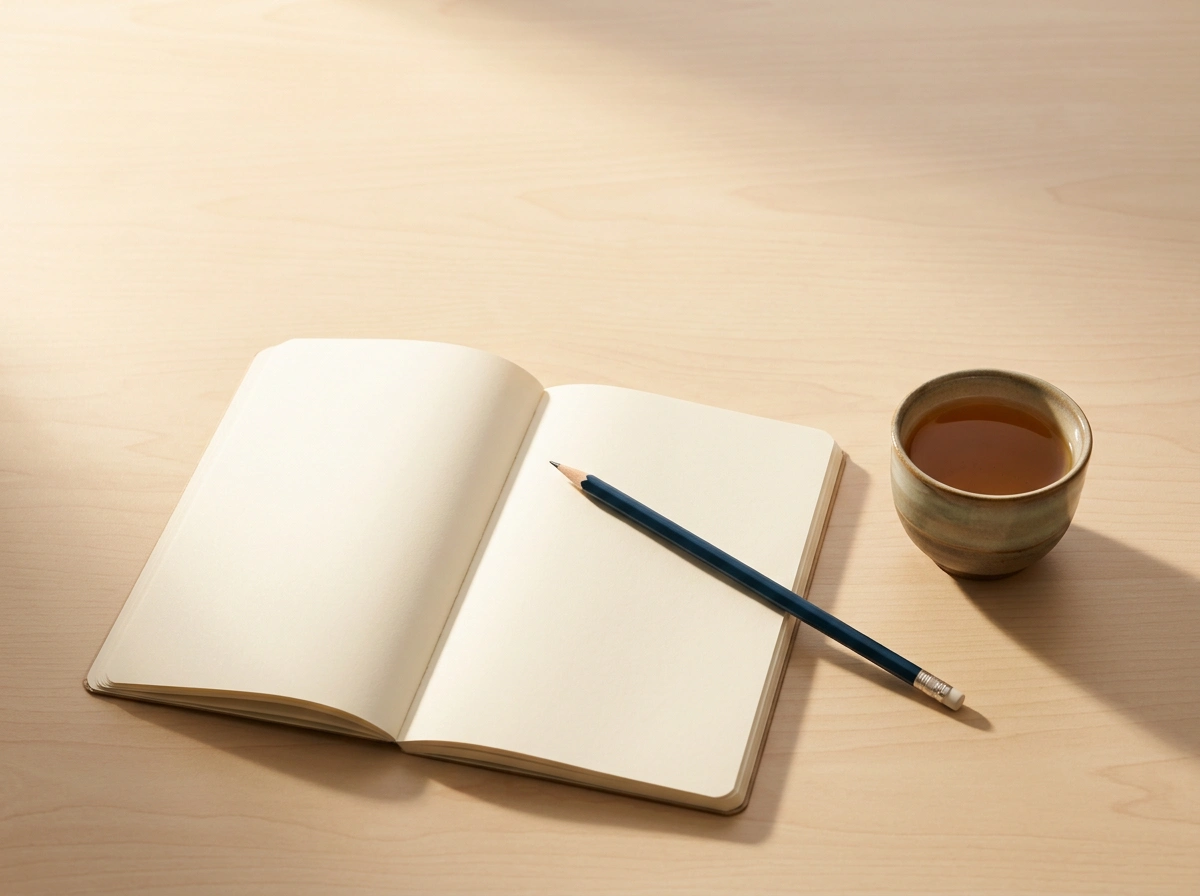 Cuaderno abierto con marcador y taza de café sobre mesa cremosa, evocando reflexión pausada