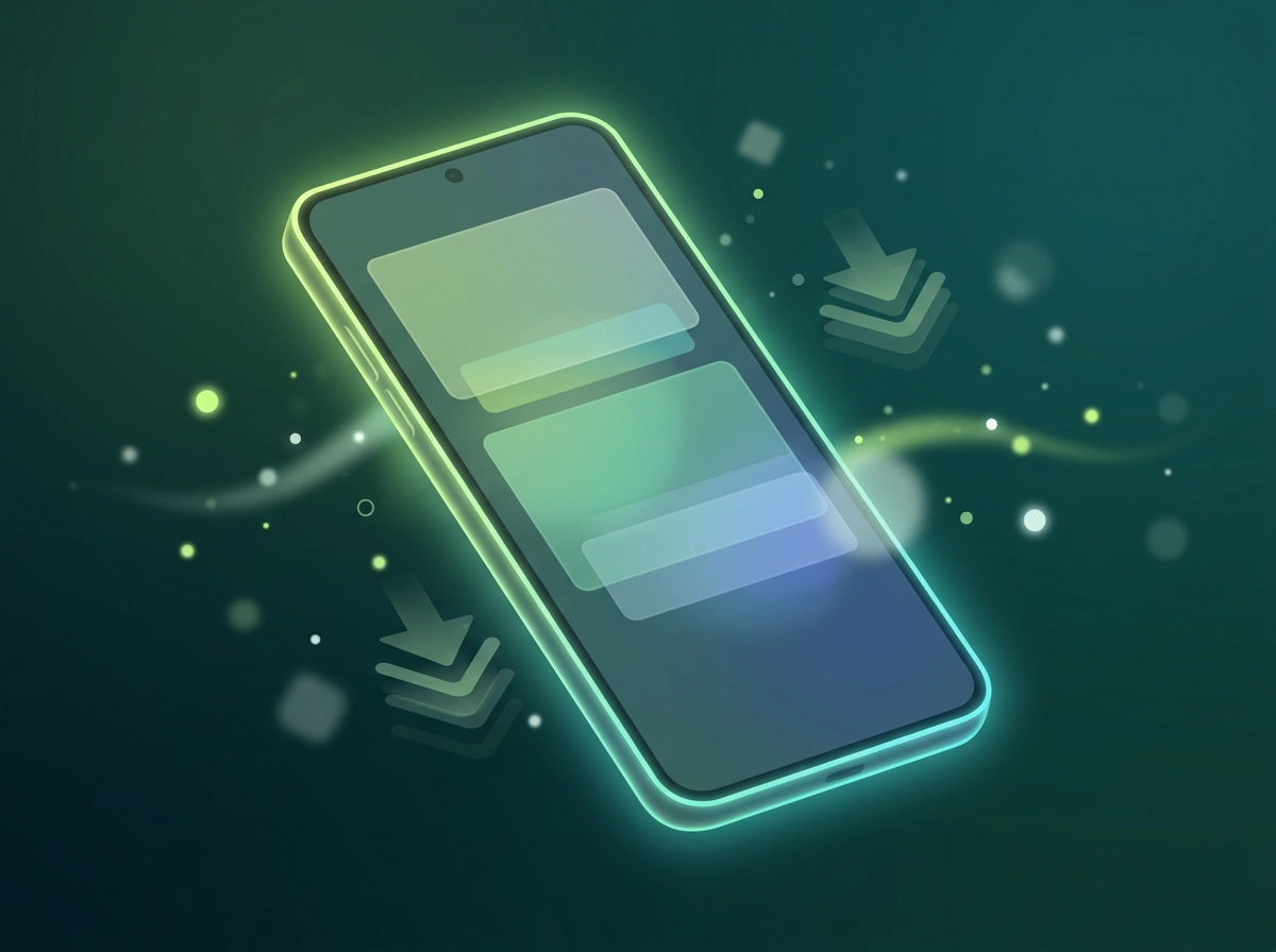 Smartphone genérico de tres cuartos sobre fondo verde teal con partículas de descarga abstractas, evocando instalación en Android
