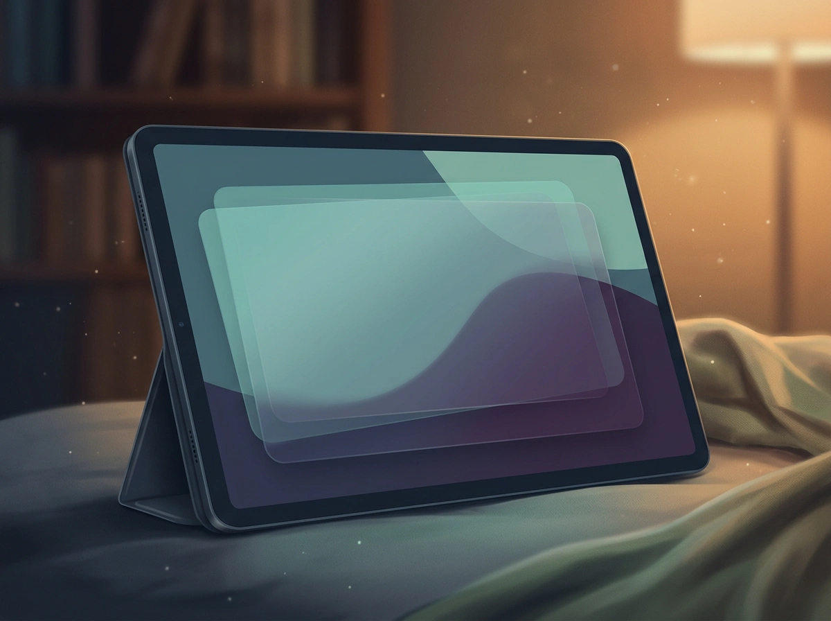 Tableta Android genérica con pantalla translúcida sin contenido, evocando casino en tablet