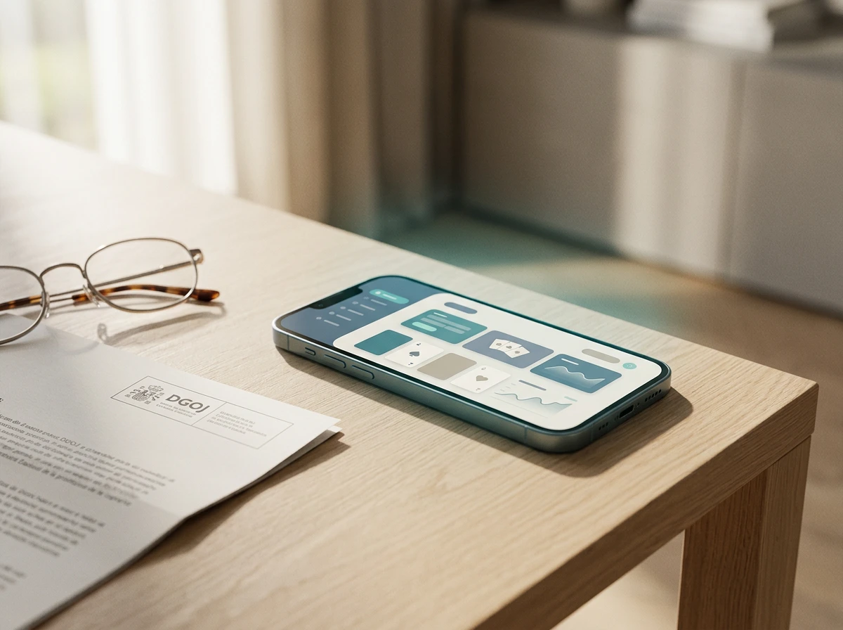 Pantalla de smartphone con interfaz de casino online junto a documentos de la DGOJ sobre un escritorio editorial