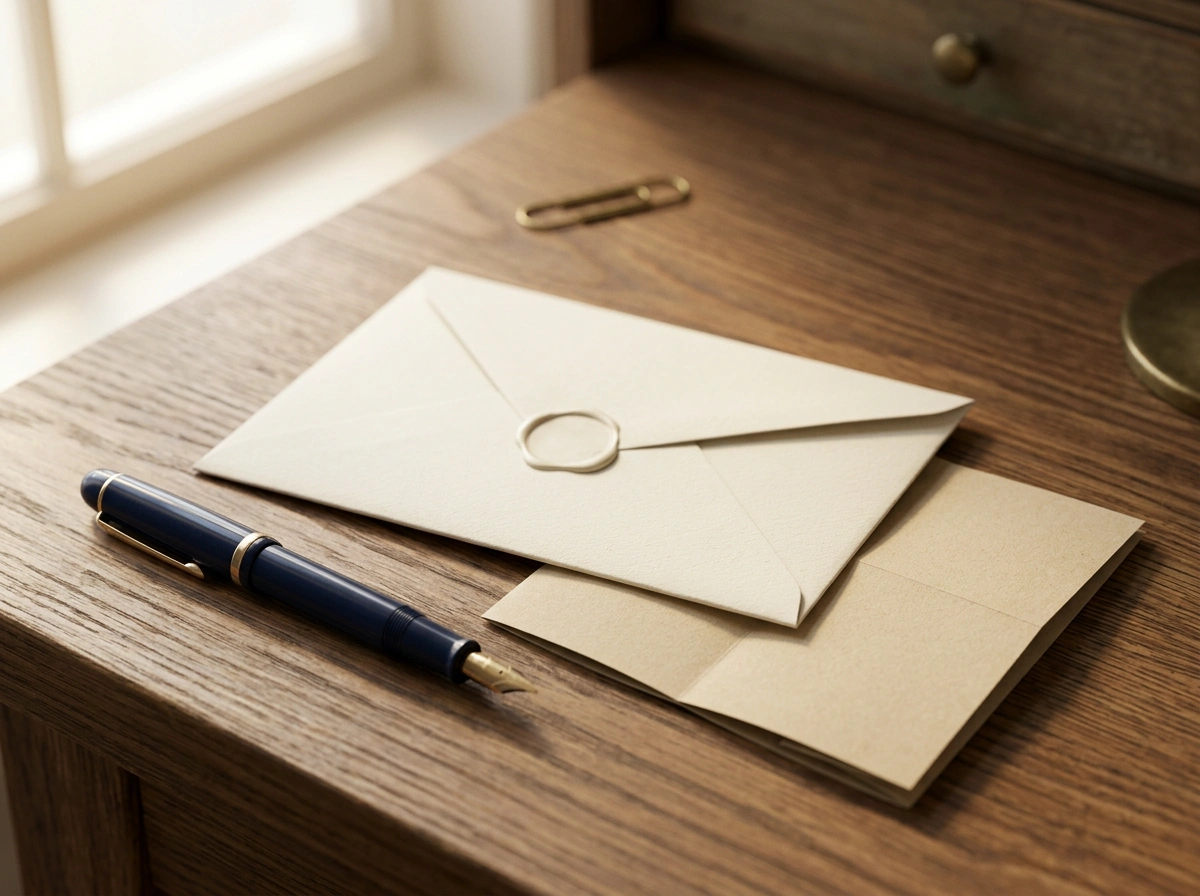 Sobre de correo institucional cerrado sobre escritorio claro junto a una pluma estilográfica, evocando trámite administrativo formal