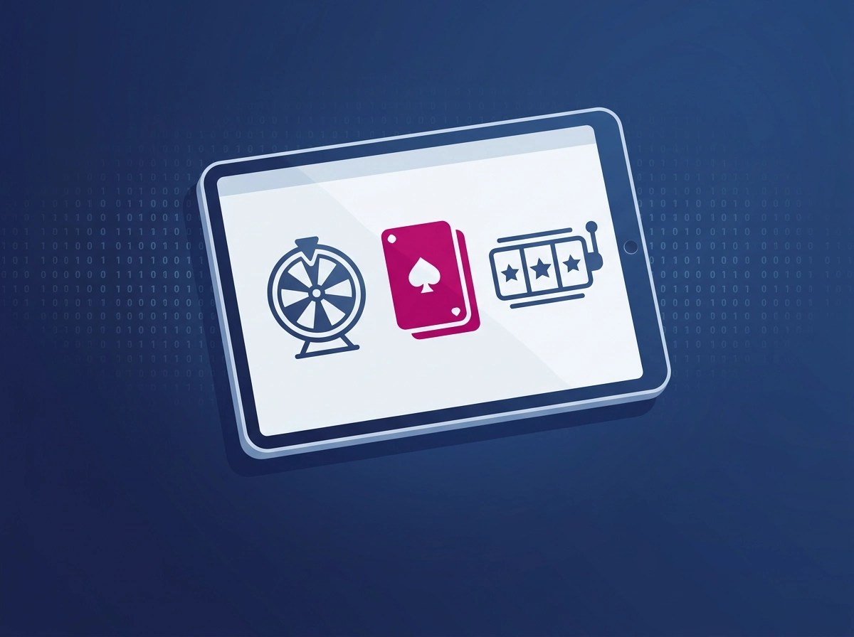 Pantalla con interfaz abstracta de casino virtual junto a documentos de licencia, en composición editorial
